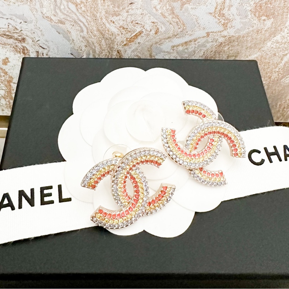 In Stores! Chanel 23C Large CC Gold Tone Blue Yellow Pink Crystal Earring